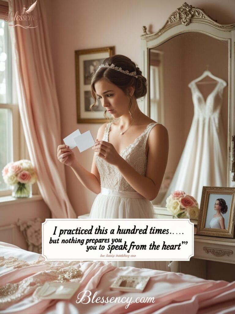 Little sister practicing her wedding speech in front of mirror, holding notecards with emotional expression – speech templates for sister’s wedding – Blessency.com
