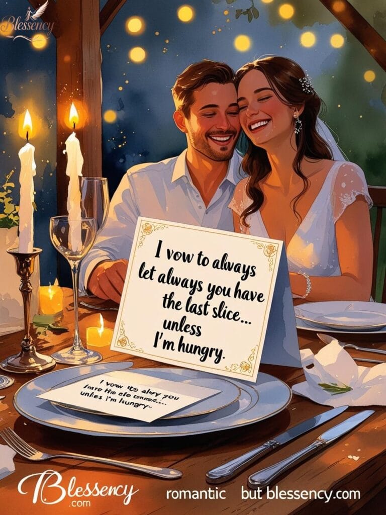 "Romantic but funny wedding card message image – humorous wedding card saying ‘I vow to always let you have the last slice... unless I’m hungry’ on a candlelit table. Couple laughing in the background. Text overlay: ‘Funny Wedding Vows – Blessency.com’. Ideal for romantic wedding messages with a sense of humor."