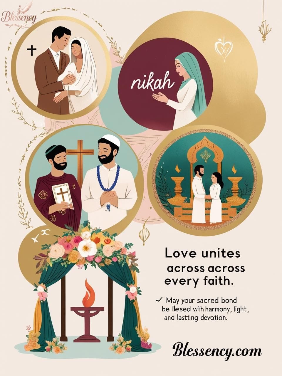 📿-religious-wedding-wishes-by-faith-and-culture Image showing multicultural and religious wedding blessings across faiths — Christian, Muslim, Hindu, and Jewish — with blessency.com branding