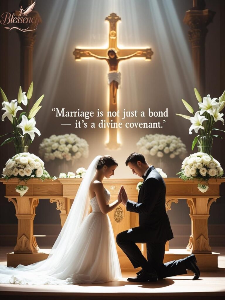 Christian couple praying at wedding altar with glowing cross and text overlay “Marriage is a divine covenant” — emotional theological image for faith-based marriage.
