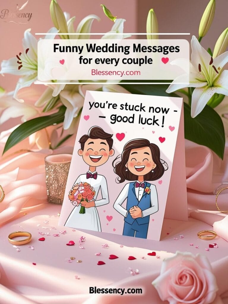 "Funny wedding card messages examples image – cartoon bride and groom with a big humorous card saying 'You’re stuck now – good luck!', surrounded by wedding rings and hearts. Text overlay: ‘Funny Wedding Messages for Every Couple – Blessency.com’. Ideal for couples looking for hilarious wedding card wording and funny examples."