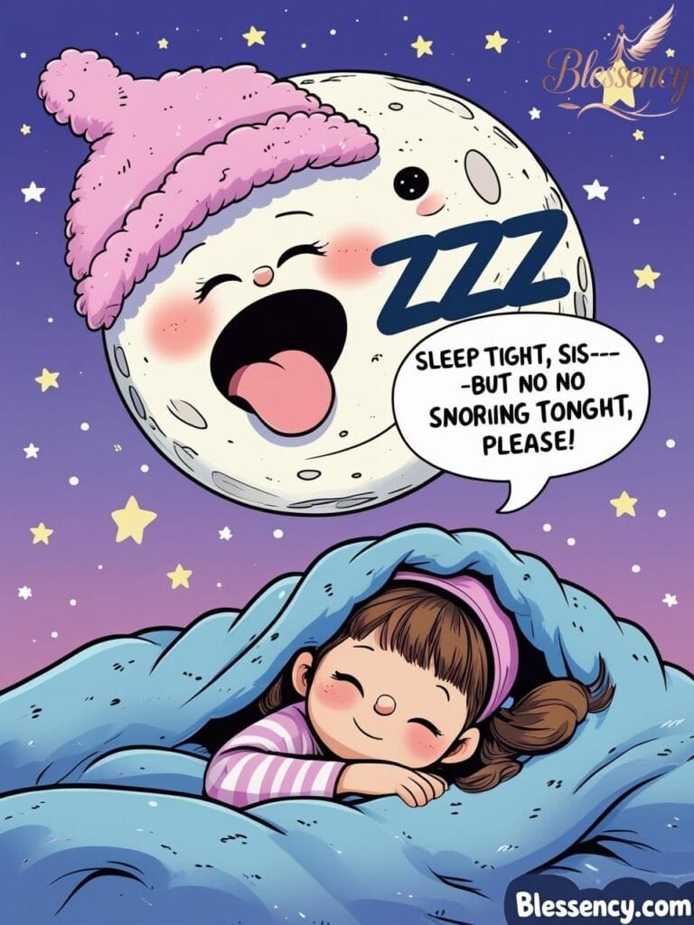A playful cartoon moon image featuring the quote, “Sleep tight, sis — but no snoring tonight, please!” with a humorous bedtime scene. Created for Blessency.com, this visual highlights funny and light-hearted good night messages for sister, perfect for sharing smiles before sleep. Optimized with keywords like good night messages for sister, funny bedtime texts for sister, playful sister quotes, sweet dreams, bedtime humor, and emotional sister quotes. Ideal for Pinterest sharing, WhatsApp texts, and family love posts for sisters who enjoy a little laughter at bedtime.