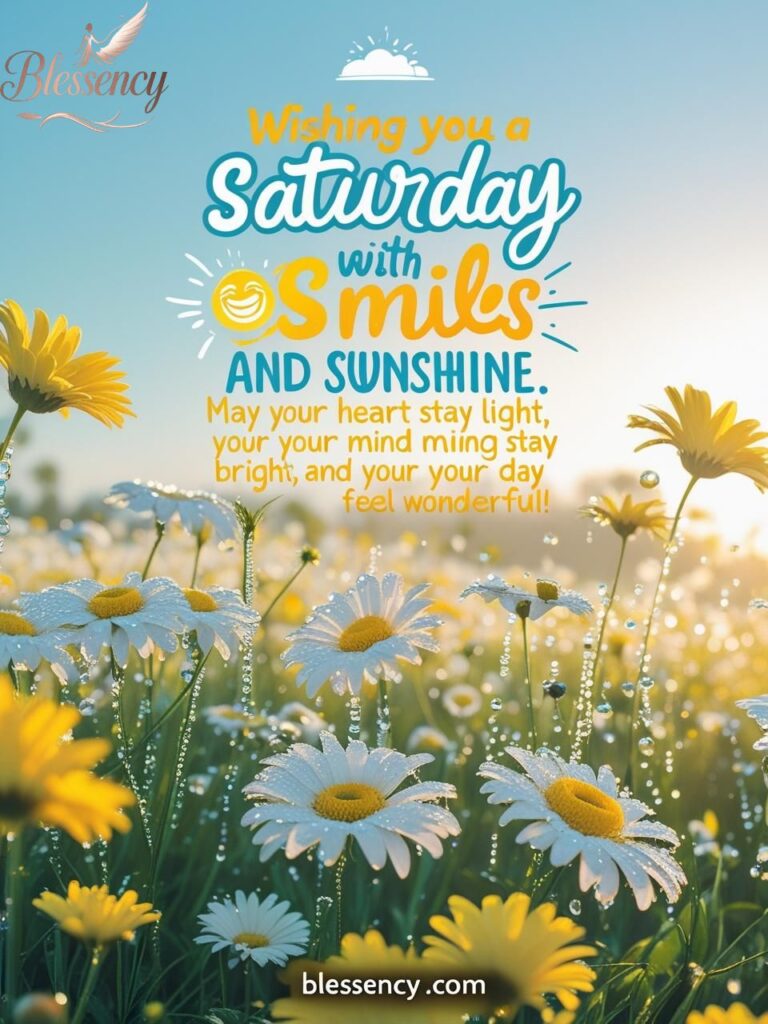 Happy Saturday good morning wishes image, cheerful text overlay, sunrise with daisies and blue sky, Blessency watermark