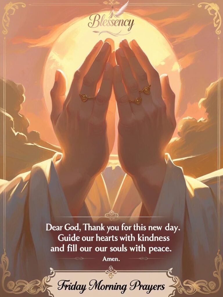 Soft dawn-themed Friday morning prayers image with folded hands and gentle prayer text for sharing Friday blessings and prayers from Blessency.com.