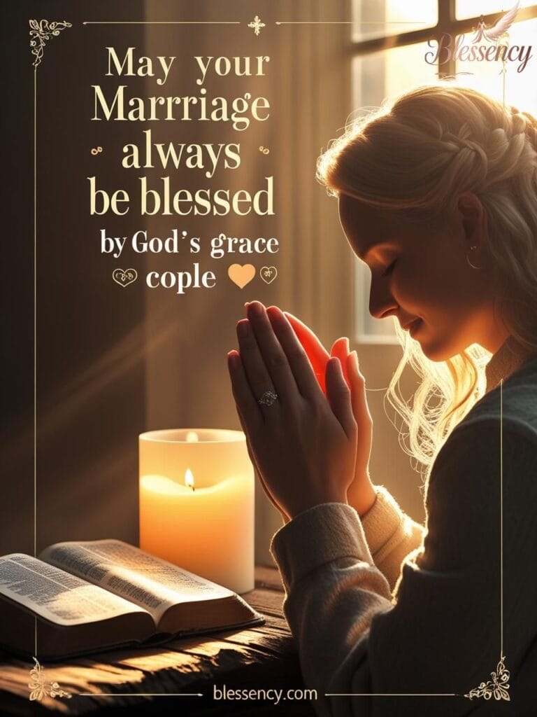 "Spiritual anniversary prayer image of a couple holding hands near a candle and Bible, with heartfelt blessing and blessency.com"