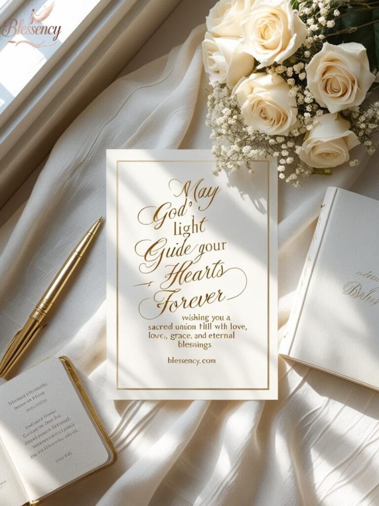 Short religious wedding wishes for cards with Bible and wedding stationery — inspirational Christian message with blessency.com branding