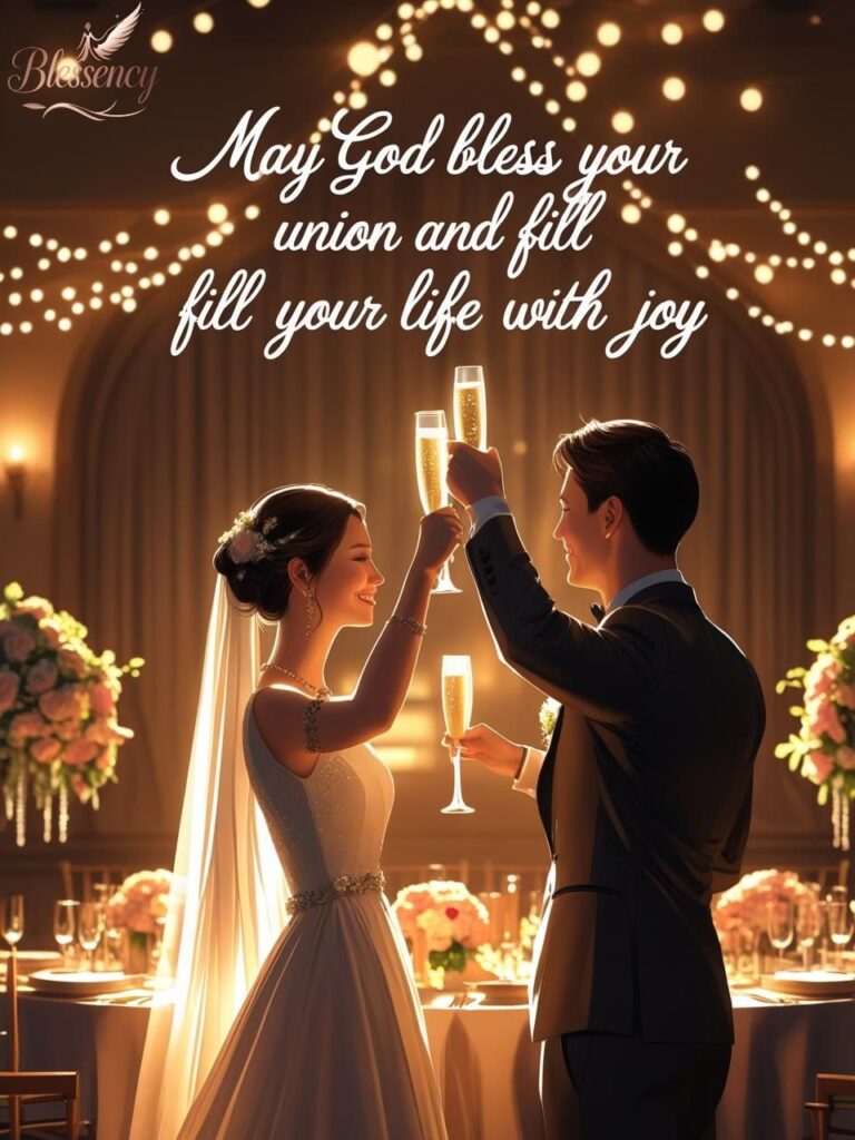 Wedding toast image with champagne glasses and romantic text overlay “May God bless your union” — perfect for speeches, celebrations, and blessing posts.
