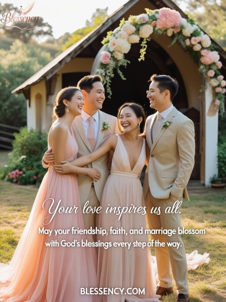 Religious wedding wishes for friends — emotional wedding moment with friends and bride, overlay blessing quote, and blessency.com branding
