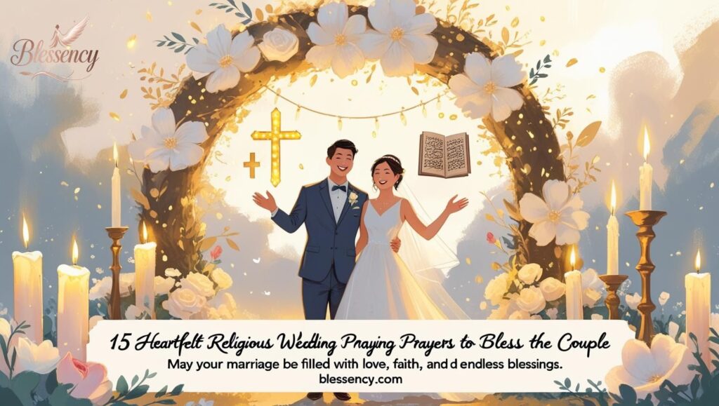“15 Heartfelt Religious Wedding Prayers to Bless the Couple – multi-faith wedding blessings with Christian cross, Quran, Torah, candles, and a bride and groom under floral arch | Blessency.com”