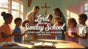 "Closing prayer for Sunday school feature image showing children and teacher praying in a bright classroom, with Bible-based prayer text overlay — Sunday school blessings, spiritual growth, Christian unity, God’s guidance, and faithfulness in serving."