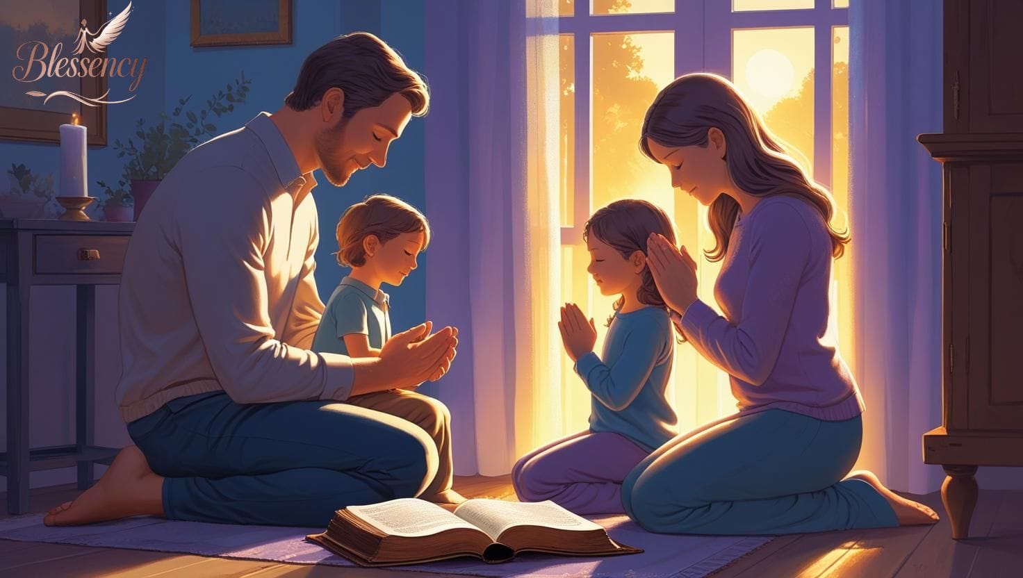 “Peaceful family praying together at night with Bible — powerful prayer points with Bible verses for protection, healing, faith, and daily spiritual strength.”