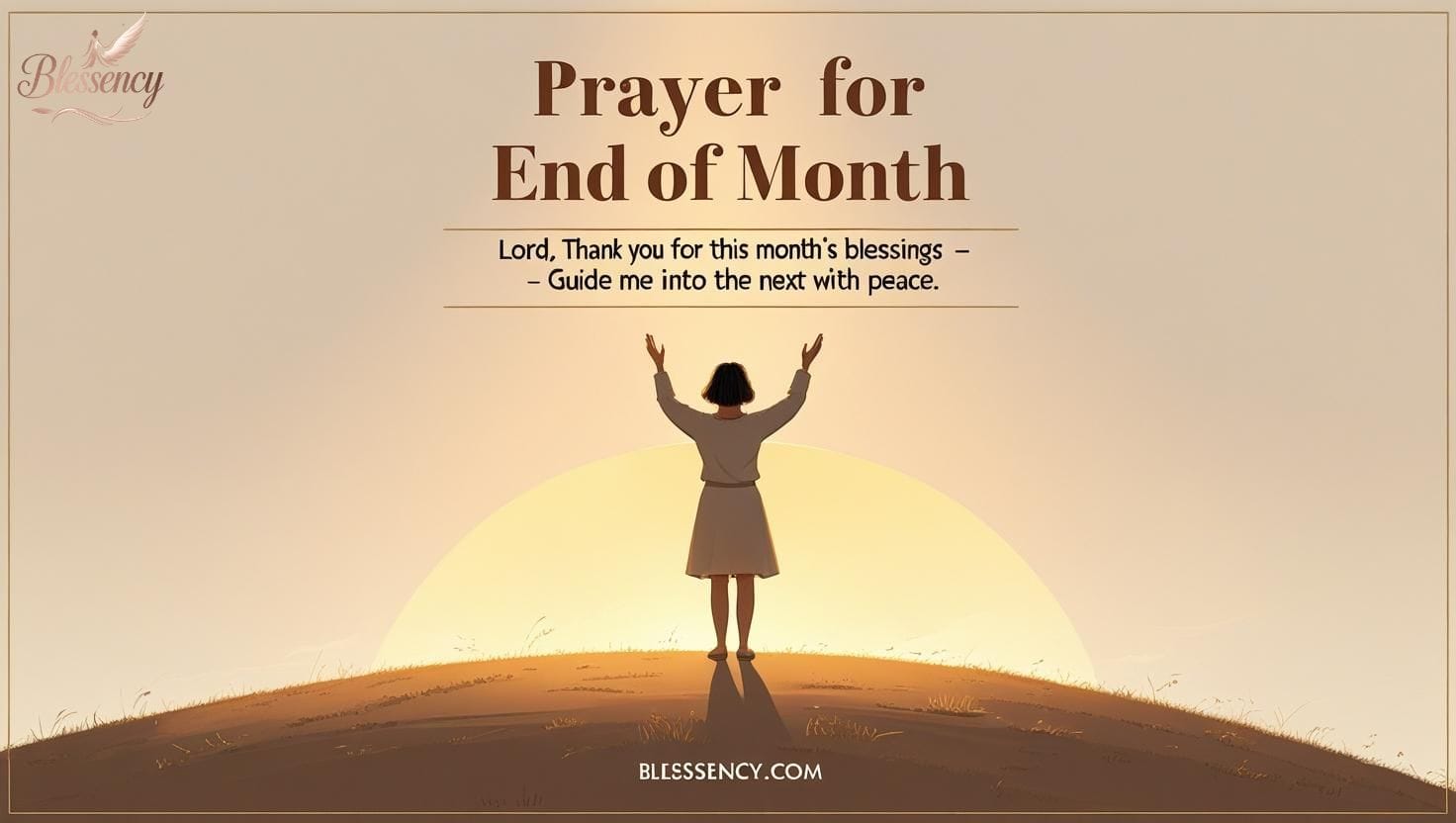 Peaceful end of the month prayer scene with a man standing at sunset, hands lifted in gratitude, symbolizing thanksgiving prayer for God’s provision, financial breakthrough, divine protection, and renewal of faith. Includes text overlay “Prayer for End of the Month” with a short blessing: “Lord, thank You for this month’s blessings — guide me into the next with peace.” Perfect month-end blessings image reflecting Jehovah Jireh’s provision, Jehovah Nissi’s victory, and Jehovah Rapha’s healing, inspired by scriptures like Philippians 4:19, Psalm 91:11, and Jeremiah 30:17. Designed for spiritual growth, forgiveness, peace, family unity, and God’s continuous presence in the new month. Blessency.com featured prayer image.