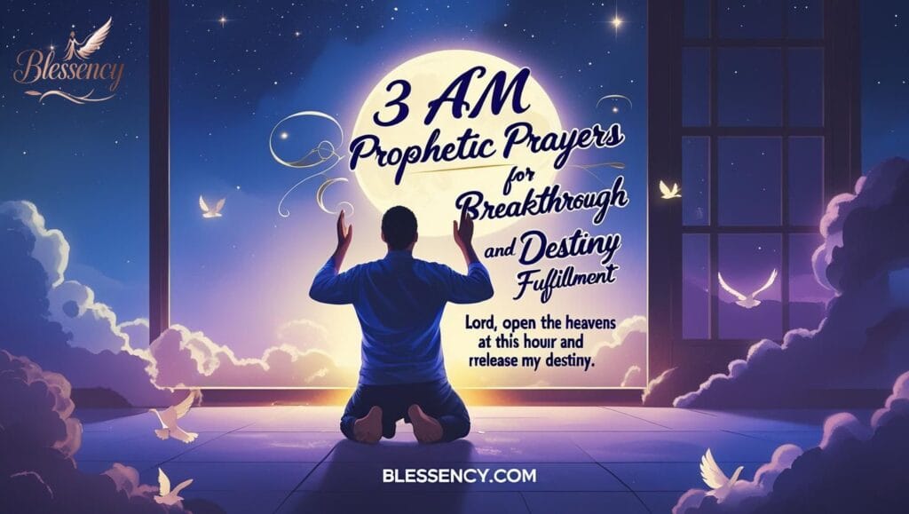 "3 AM Prophetic Prayers for Breakthrough and Destiny Fulfillment — midnight prayer feature image with person kneeling in prayer under moonlight. Includes daily prophetic prayers, destiny acceleration, breakthrough prayers, healing prayers, and spiritual warfare intercession. Faith-based blog cover for Blessency.com."