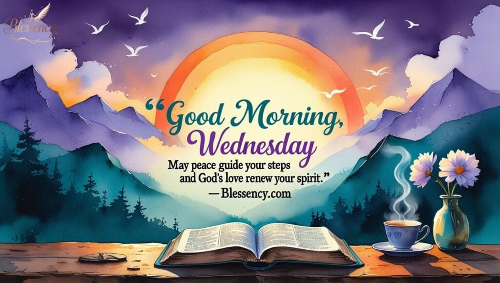 Beautiful Wednesday Morning Prayers and Blessings feature image with sunrise over mountains, inspirational prayer quote, and Blessency.com branding. Christian morning encouragement