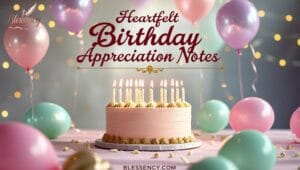 "Heartfelt birthday appreciation note with prayers — elegant cake, balloons, and flowers for expressing gratitude, blessings, and thank you messages for birthday wishes — blessency.com"