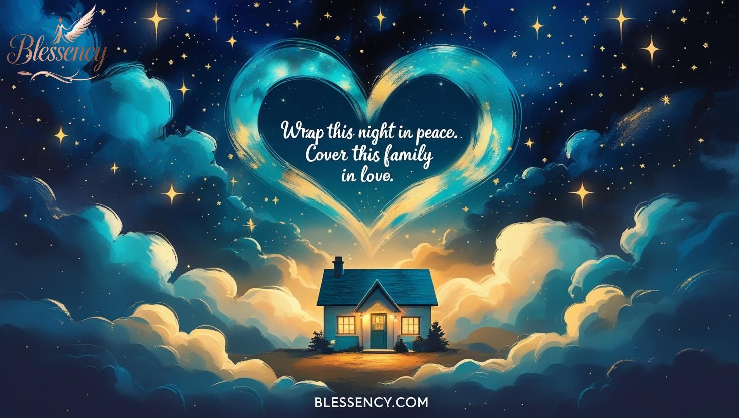 Night prayer for family feature image showing divine protection and peace at home, glowing spiritual sky, comforting home scene with heavenly atmosphere, perfect for bedtime blessings, emotional healing, and family unity themes