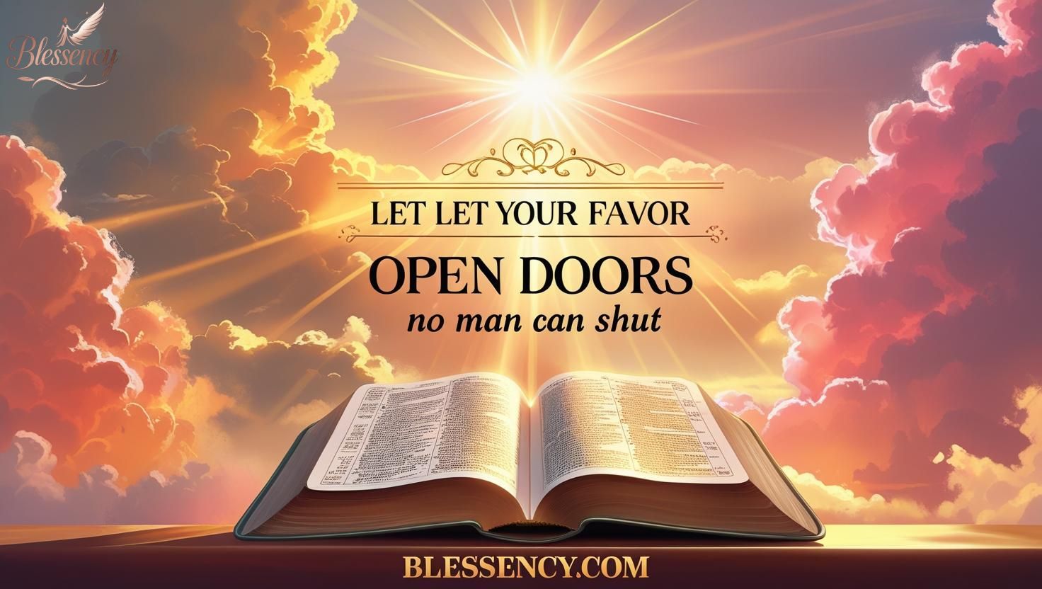 50+ Heartfelt Prayers for Gods Favor, Open Doors & Blessings August 2025 1 "Beautiful warm-toned sunrise with light rays breaking through clouds symbolizing hope and divine blessings, featuring an open Bible with highlighted verses on blessings, representing heartfelt Prayers for Gods Favor , spiritual guidance, divine protection, and faith in Gods grace.