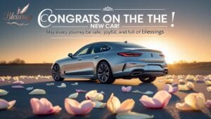 "Congrats on the New Car image with emotional short prayer, featuring a luxury car blessing scene, perfect for meaningful blessing quotes for new car owners."