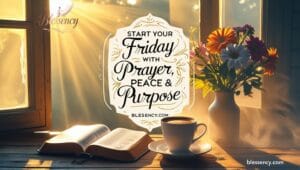 Peaceful Friday morning prayer setup with Bible, sunlight, and blessings quote — perfect for spiritual inspiration, protection, and weekend guidance.