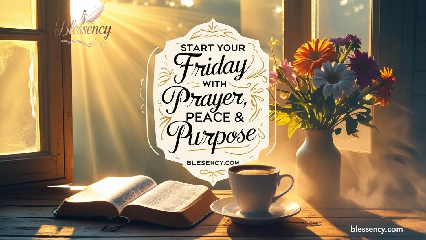 Peaceful Friday morning prayer setup with Bible, sunlight, and blessings quote — perfect for spiritual inspiration, protection, and weekend guidance.