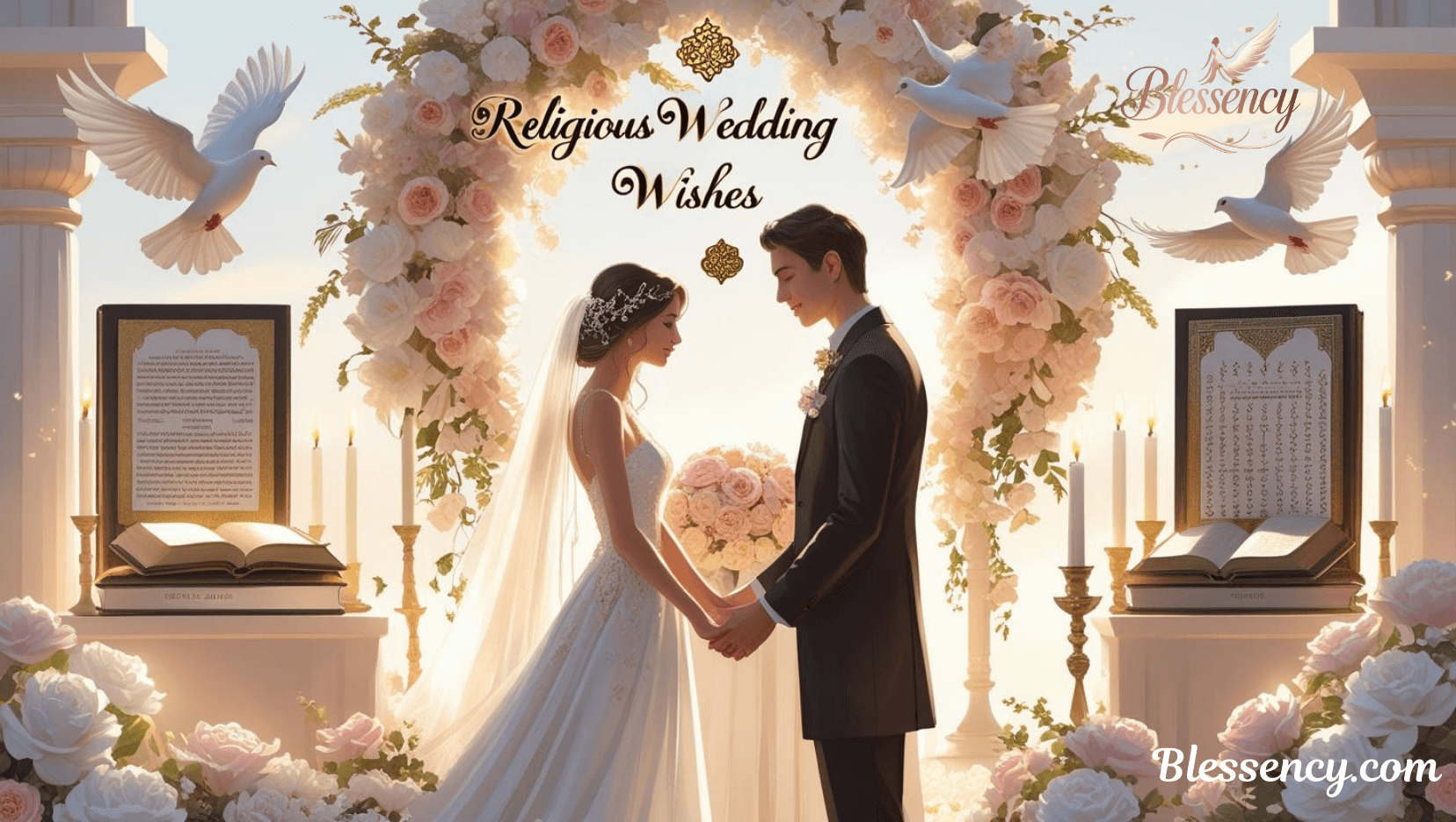“Religious Wedding Wishes – beautiful wedding couple with prayers, blessings, rings, flowers, and holy books in a sacred ceremony | Blessency.com”