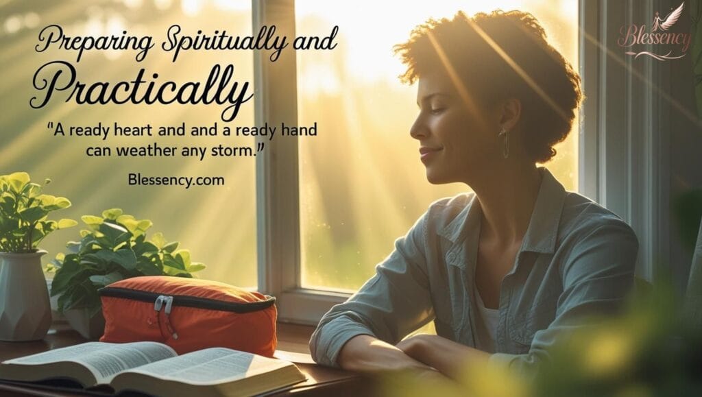 "Person reading the Bible beside an emergency kit at sunrise, symbolizing preparing spiritually and practically with faith, readiness, and hope for life’s challenges."

