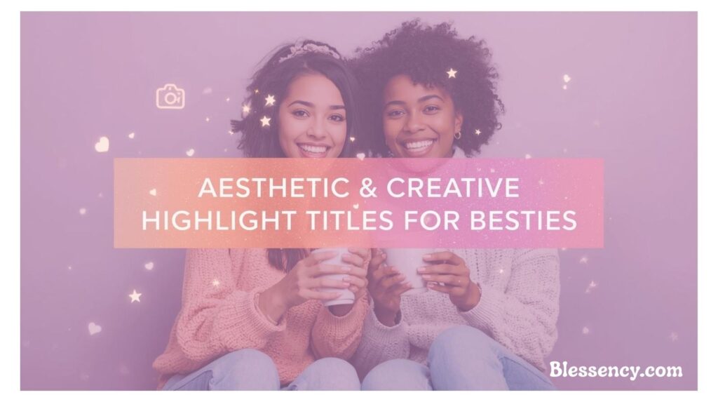 "Featured image with bold gradient title text ‘Aesthetic & Creative Highlight Titles for Besties’ on a pastel Instagram-style background with two best friends smiling, creative IG icons, and soft glowing highlight bar. Perfect aesthetic design for Instagram highlight names for best friend, creative IG highlight ideas, and trendy highlight covers."