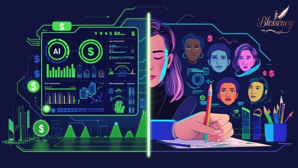 “AI vs Human website design 2025 side-by-side comparison infographic showing speed, cost, creativity, accessibility, and empathy — AI represented with circuits and data icons, humans shown with creative sketches, empathy symbols, and accessibility compliance, highlighting pros and cons of AI web design vs human designers.”