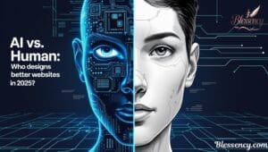 “Feature image for AI vs Human web design 2025 showing split face of AI circuits and human designer, futuristic UI background, and bold title text ‘AI vs Human: Who Designs Better Websites in 2025?’ — highlighting speed, creativity, accessibility, hybrid workflow, and best AI website builders like Wix ADI, Webflow AI, Framer AI, Dora AI, and Unicorn Platform.”
