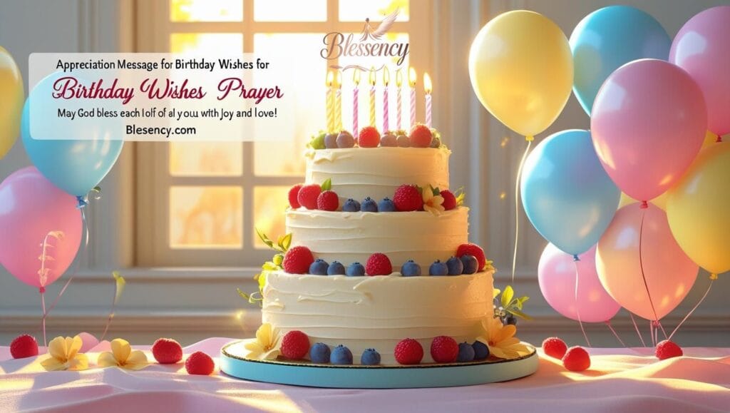 "Colorful birthday cake with glowing candles and balloons, symbolizing appreciation for birthday wishes, heartfelt prayers, gratitude, joy, and blessings."