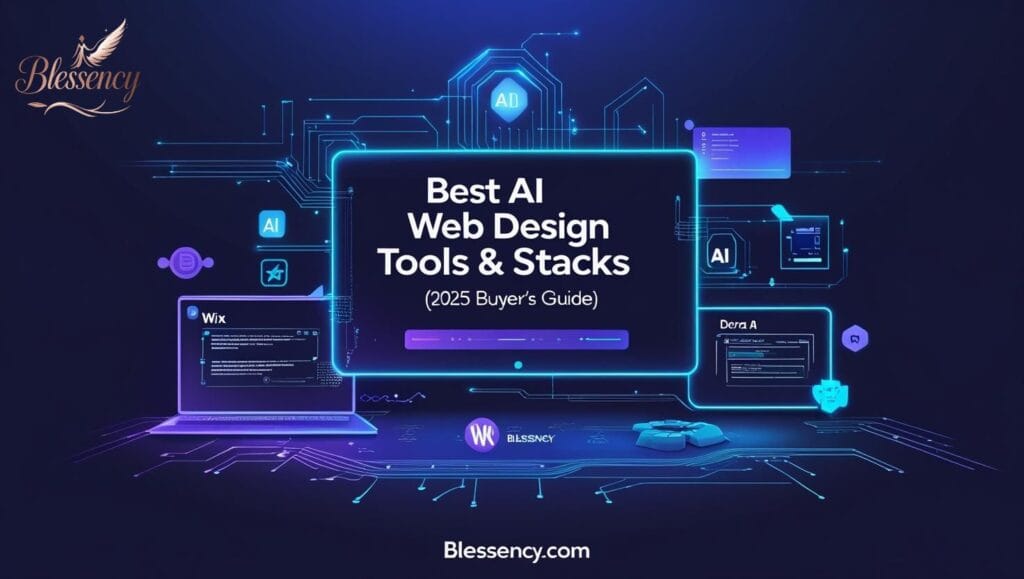 “Best AI Web Design Tools & Stacks (2025 Buyer’s Guide) feature image with Blessency.com branding, futuristic tech background, AI circuit designs, website wireframes, and icons representing Wix ADI, Webflow AI, Framer AI, Dora AI, and Unicorn Platform — optimized for AI vs human web design 2025 keyword ranking.”