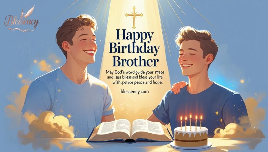 "Happy Birthday Brother image with Bible, birthday cake, and glowing light rays. Christian birthday prayer for a brother with Bible verses, blessings of peace, health, wisdom, and prosperity – Blessency.com"