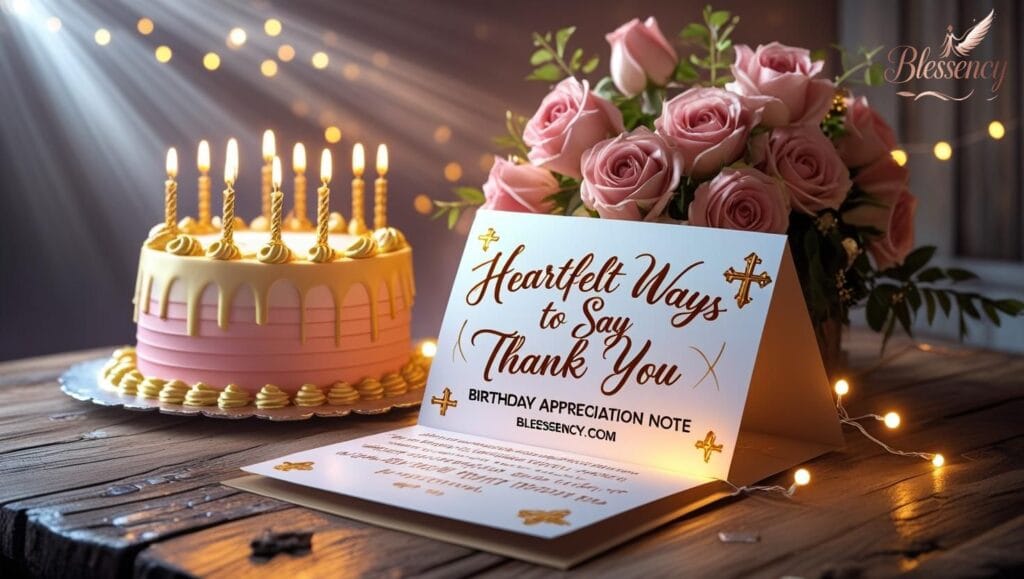 "Birthday appreciation note with heartfelt thank you message and blessings — elegant cake, greeting card, flowers, and prayer-inspired design for expressing gratitude — blessency.com"