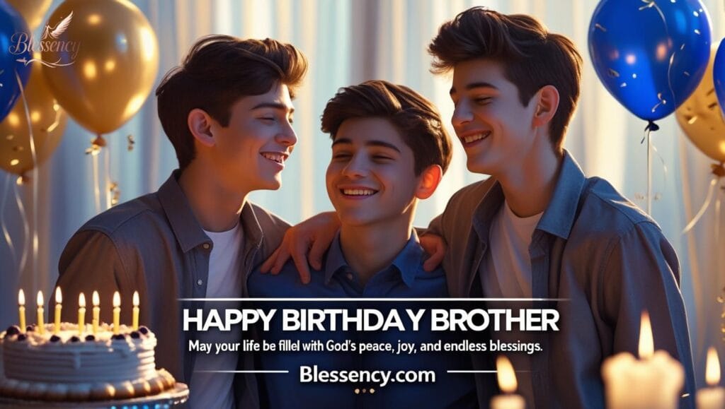 "Happy Birthday Brother feature image with boys representing brotherhood, birthday cake, balloons, and an emotional prayer message. Heartfelt Christian birthday prayer for a brother with blessings of joy, health, and peace – Blessency.com"