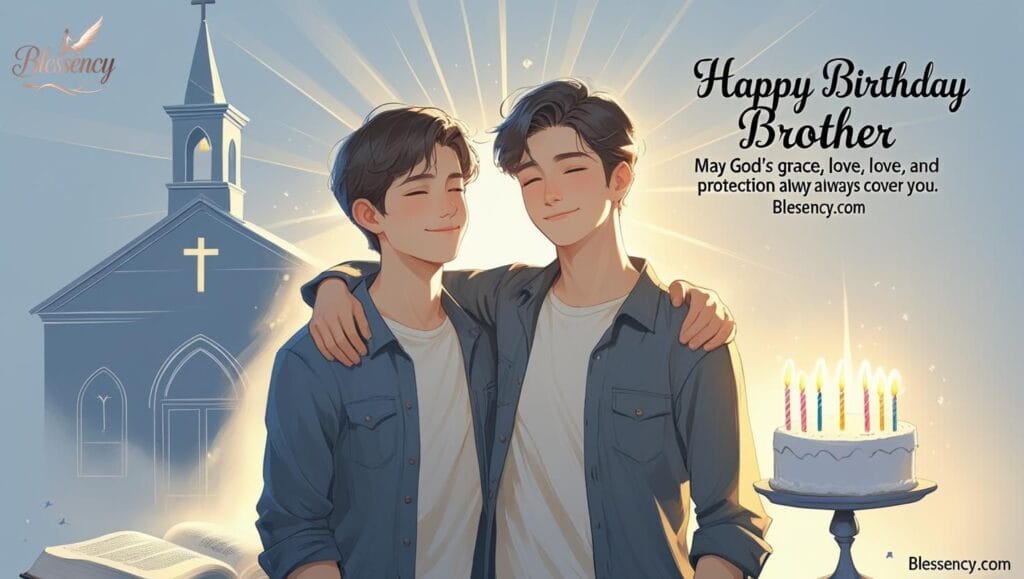 "Christian and religious Happy Birthday Brother image with church background, Bible, light rays, and prayer message. Heartfelt birthday prayer for a brother with blessings of grace, peace, protection, and prosperity – Blessency.com"