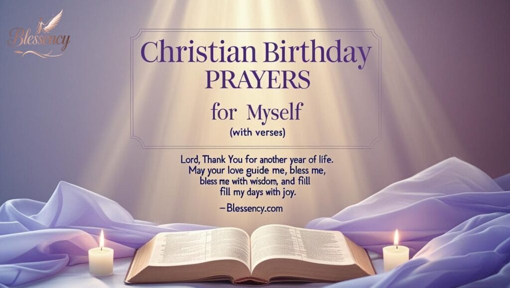 "Christian Birthday Prayers for Myself feature image with Bible verses, heartfelt prayers, and spiritual blessings. Inspiring messages for gratitude, reflection, and joy on my birthday from Blessency.com."