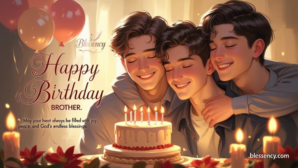"Emotional and unique Happy Birthday Brother image with boys celebrating, balloons, cake, and heartfelt prayer message. Touching birthday prayer for a brother with blessings of joy, peace, health, and spiritual growth – Blessency.com"