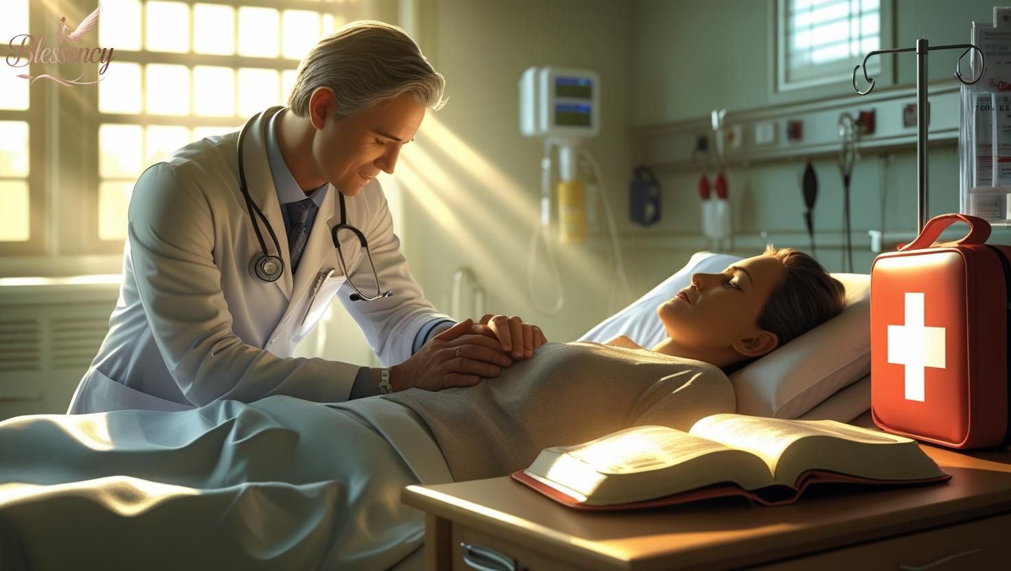 "Doctor providing emergency first aid while an open Bible and first aid kit symbolize Faith and First Aid, combining medical care, spiritual comfort, and hope during crises."