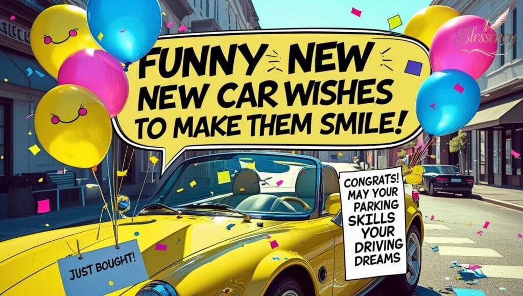 "Playful image for ‘Funny New Car Wishes to Make Them Smile’ with yellow convertible, colorful balloons, confetti, and a humorous short blessing for lighthearted new car congratulations."
