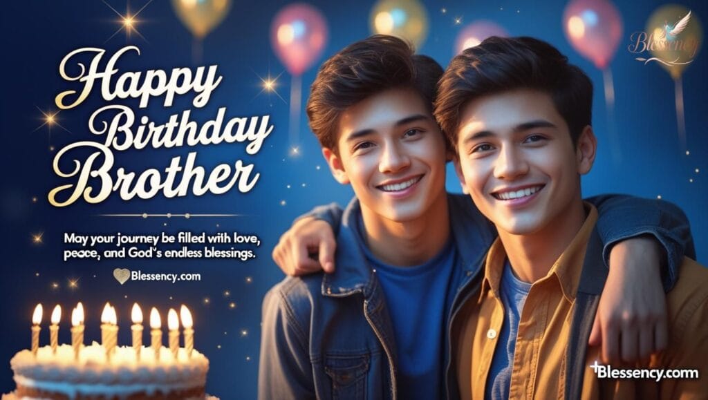 "Heartfelt Happy Birthday Brother image with brothers standing together, birthday cake, balloons, and an emotional prayer message. Unique Christian birthday prayer for a brother with blessings of love, health, joy, and prosperity – Blessency.com"