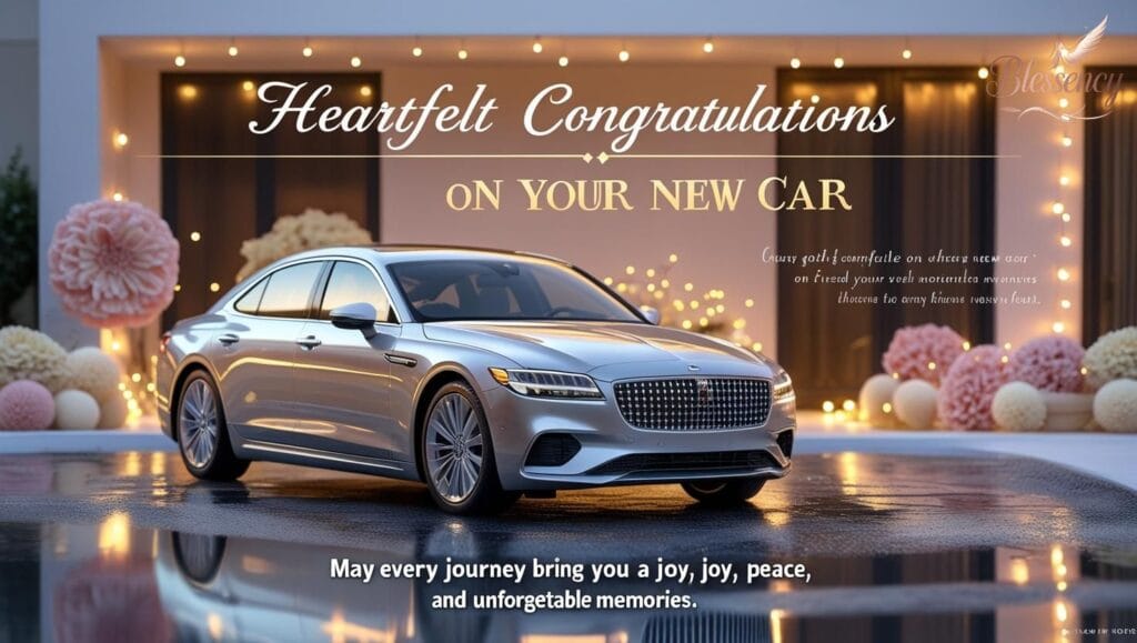"Elegant image for ‘Heartfelt Congratulations on Your New Car’ section with luxury silver car, warm celebration lights, pastel flowers, and heartfelt short blessing for emotional and inspirational appeal."