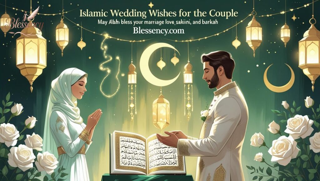 “Islamic Wedding Wishes & Duas for the Couple – nikah scene with bride in hijab, groom, Quran, dua, tasbeeh, and Islamic blessings | Blessency.com”