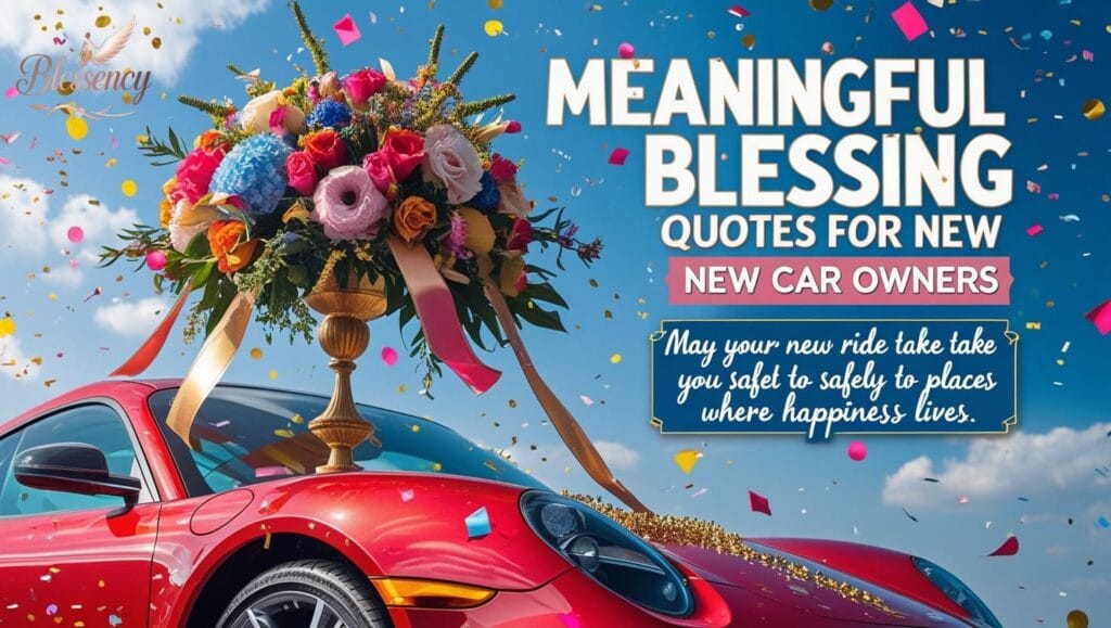 "Beautiful feature image for blog section ‘Meaningful Blessing Quotes for New Car Owners’ with luxury car, heartfelt short prayer, and stylish typography for SEO on new car blessing quotes and spiritual congratulations."