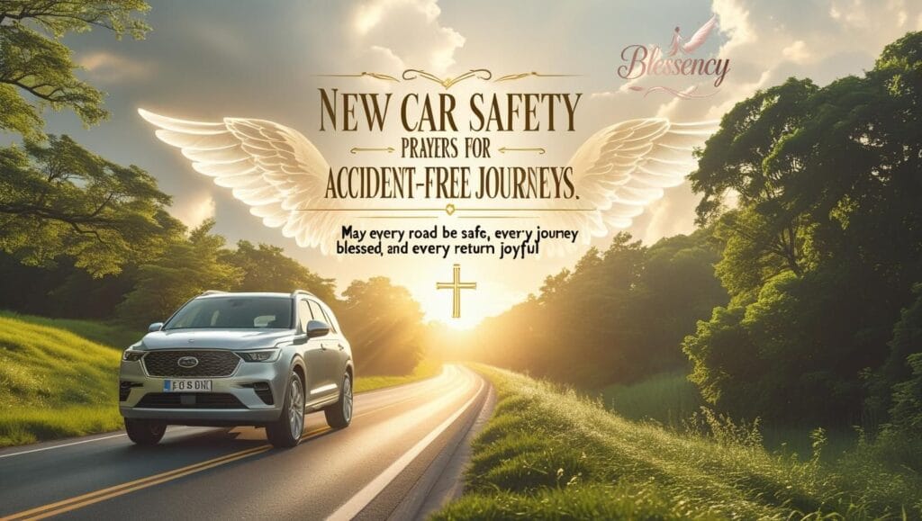 "Scenic road with silver SUV under golden sunlight, angel wings in the clouds, and heartfelt short prayer for new car safety and accident-free journeys."