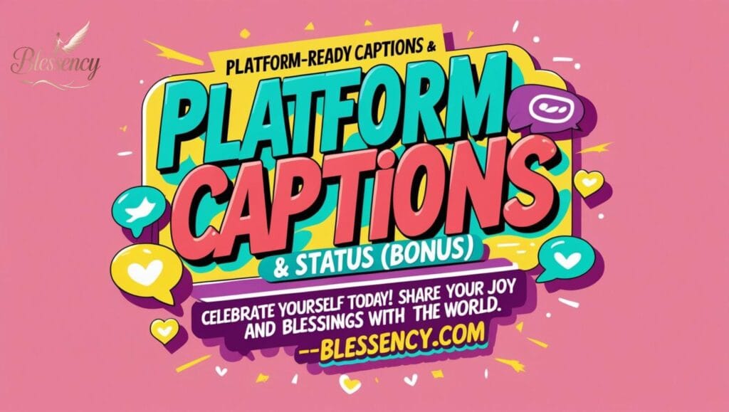 "Platform-Ready Captions & Status feature image with birthday blessings, short messages, and shareable social media captions. Perfect for inspiring self-love, joy, and gratitude on birthdays from Blessency.com."