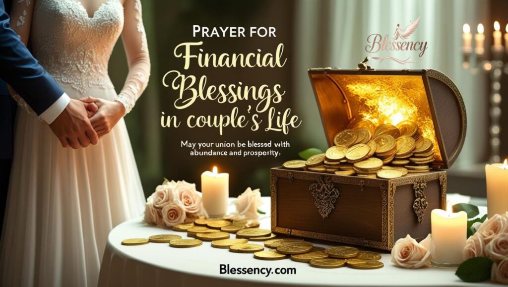 “Prayer for Financial Blessings in a Couple’s Life – meaningful religious wedding wish with bride and groom, golden coins, glowing scripture, and prosperity symbols | Blessency.com”
