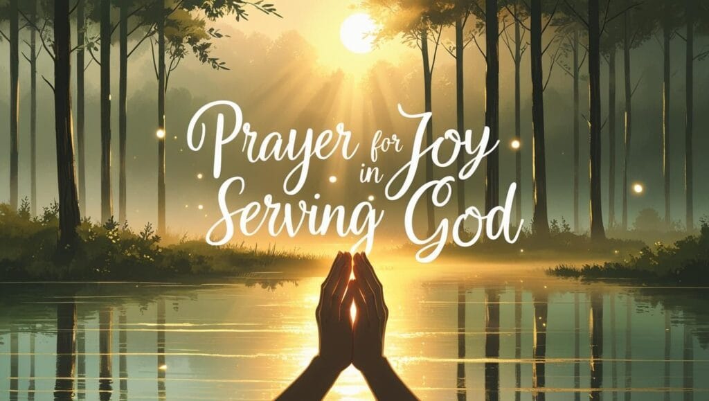 "Sunrise over calm lake with hands clasped in prayer, symbolizing joy and devotion in serving God."

