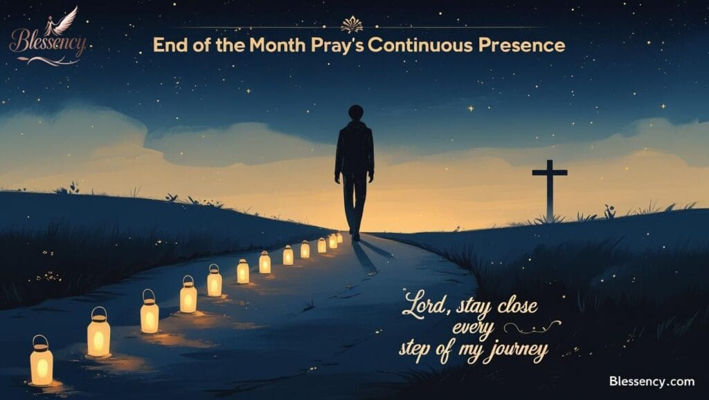 Peaceful night path scene with glowing lanterns and a person walking toward a cross-shaped light, symbolizing God’s continuous presence at the end of the month. Includes text “End of the Month Prayer for God’s Continuous Presence” with blessing: “Lord, stay close in every step of my journey.” Perfect for month-end blessings, divine guidance, peace of God, and scriptures like Psalm 16:11 and Lamentations 3:22-23. Blessency.com featured prayer image.

