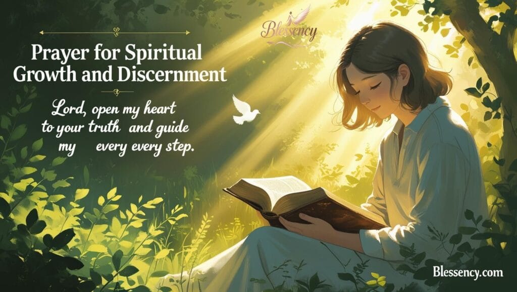Peaceful sunrise garden scene with a person reading the Bible, symbolizing prayer for spiritual growth, wisdom, and discernment through God’s Word. Includes text “Prayer for Spiritual Growth and Discernment” with blessing: “Lord, open my heart to Your truth and guide my every step.” Perfect for month-end blessings, divine guidance, spiritual maturity, and scriptures like Colossians 1:9 and James 1:5. Blessency.com featured prayer image.

