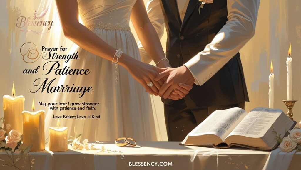 “Prayer for Strength and Patience in Marriage – heartfelt religious wedding wish with bride and groom holding hands, glowing Bible verse, candles, and rings | Blessency.com”